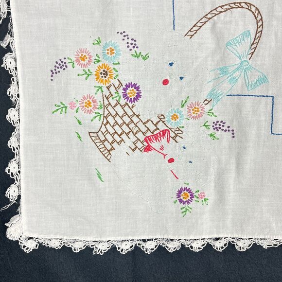 2 VTG kitchen Tablecloth Material 33in x 33in Hand Embroidered Flowers 1950s MCM - Picture 12 of 16